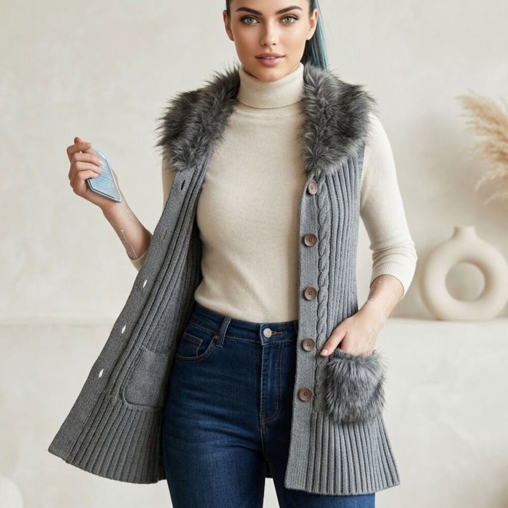 Sioni Y2K Faux Fur Cable Knit Longline Wool Blend  Sweater Vest Cardigan SZ XL